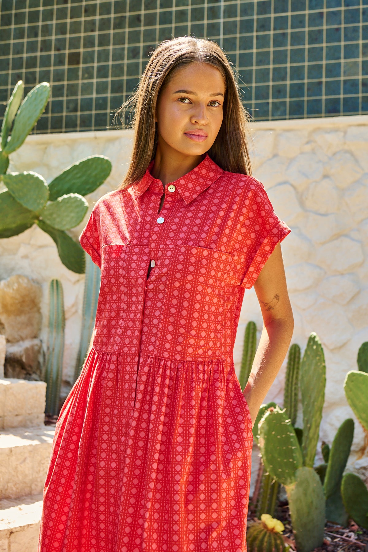 GA738 Cannage Poplin Dress - Naturals