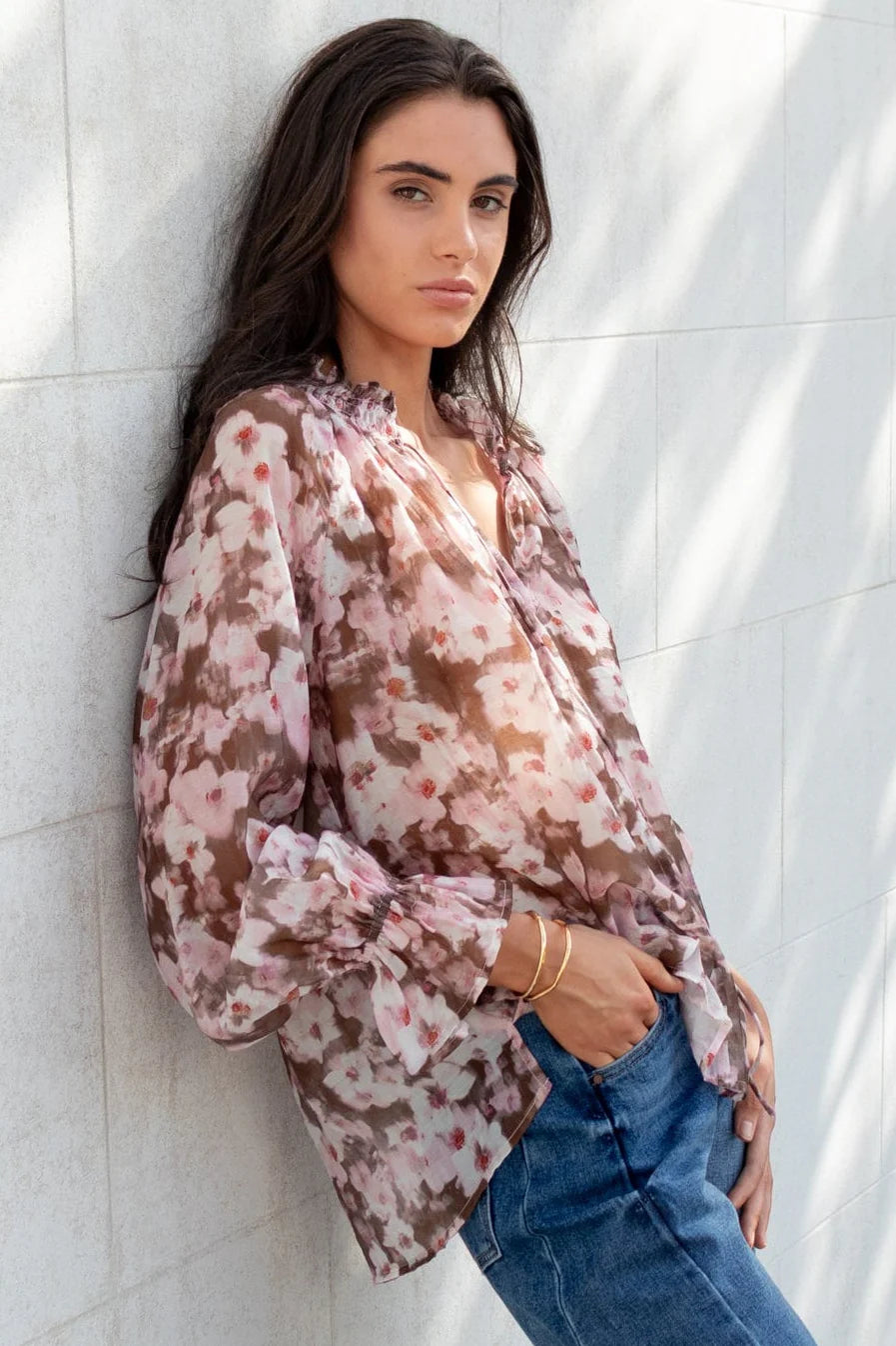 Odyssey Blush Chocolate Floral Shirred Neck Top