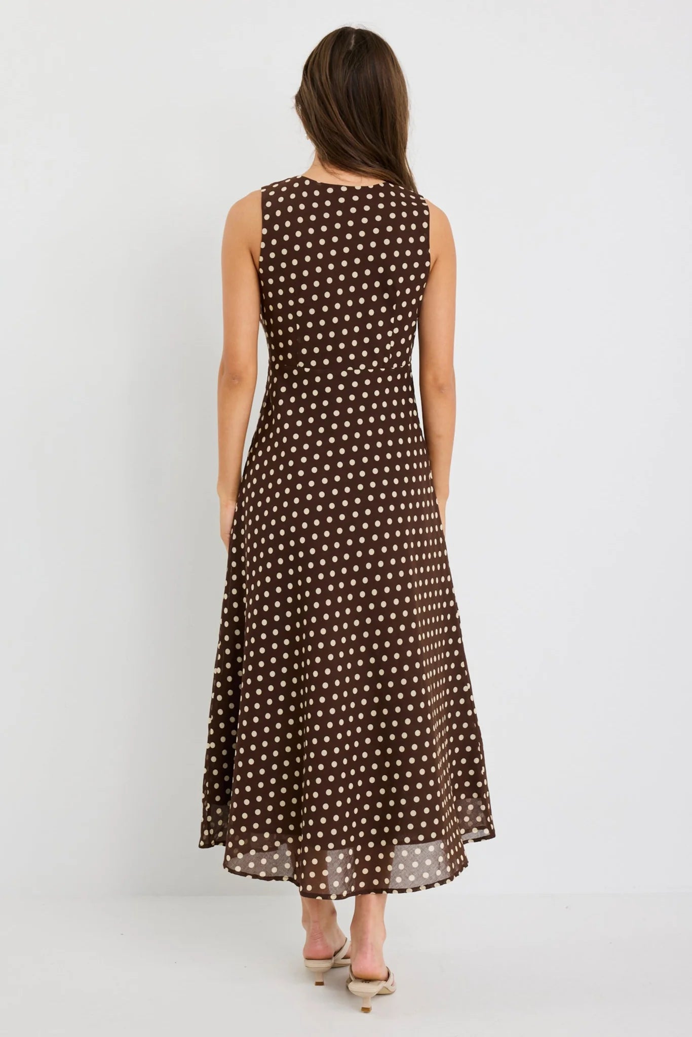 Infinity Chocolate Polka Dot Bias Midi Dress. Among the Brave