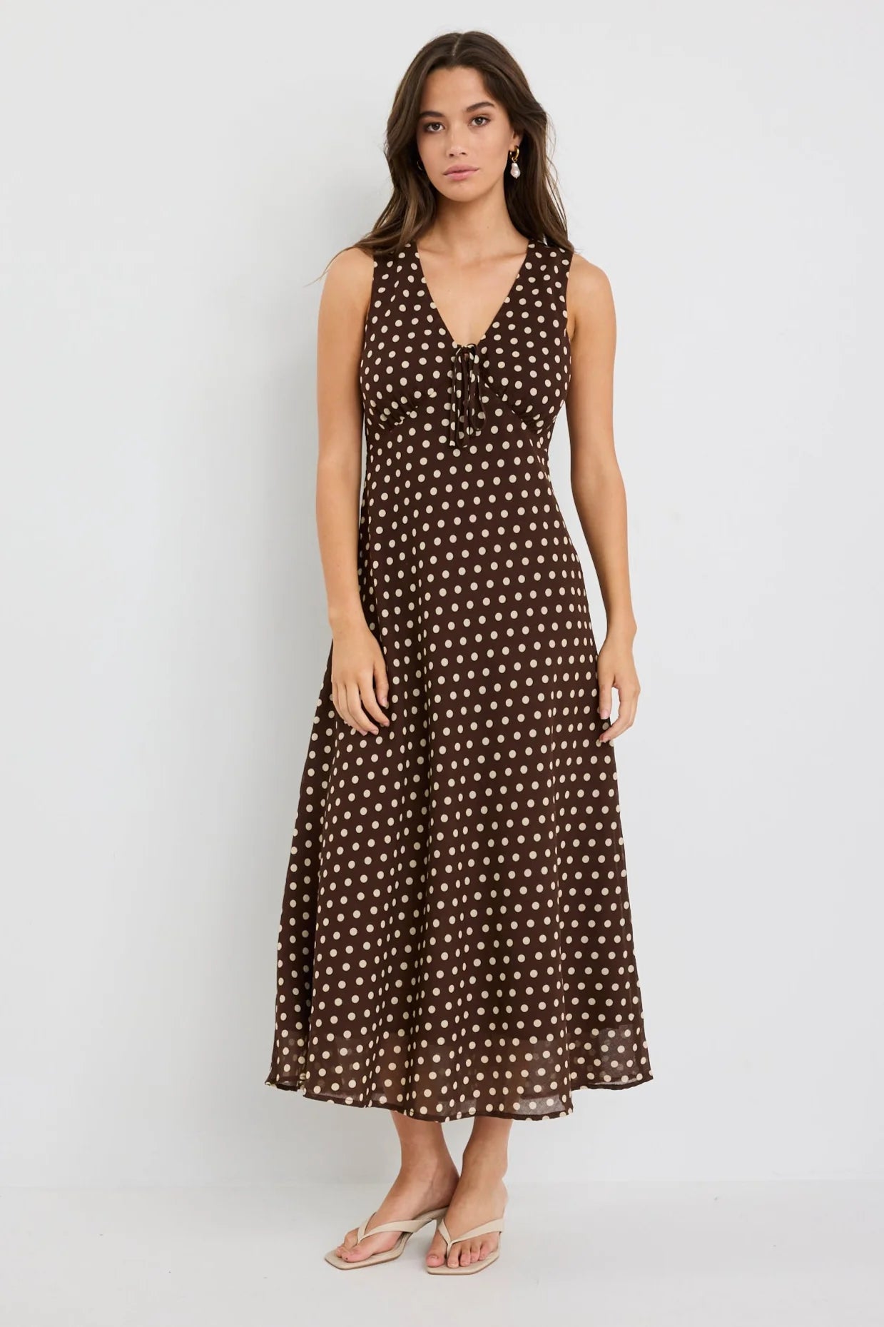 Infinity Chocolate Polka Dot Bias Midi Dress. Among the Brave