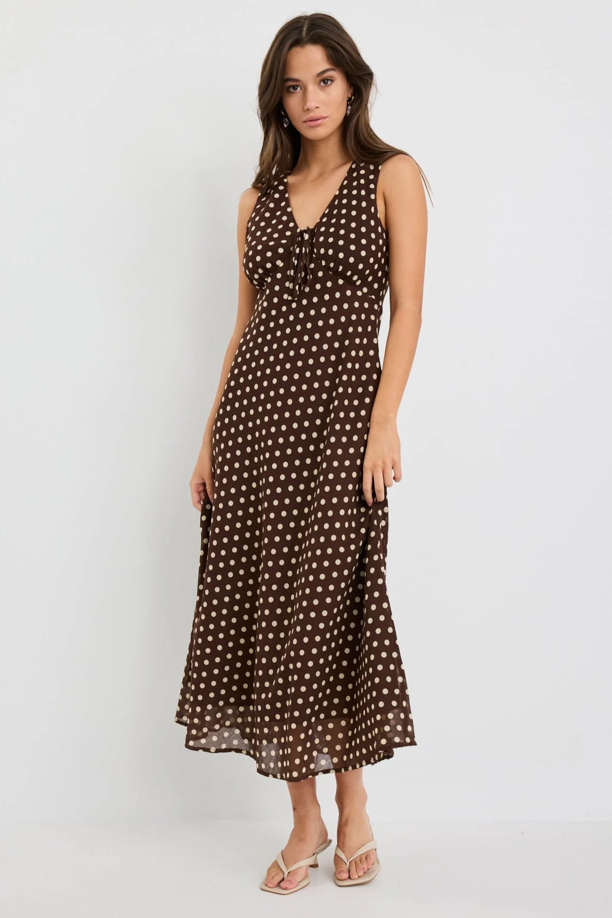 Infinity Chocolate Polka Dot Bias Midi Dress. Among the Brave
