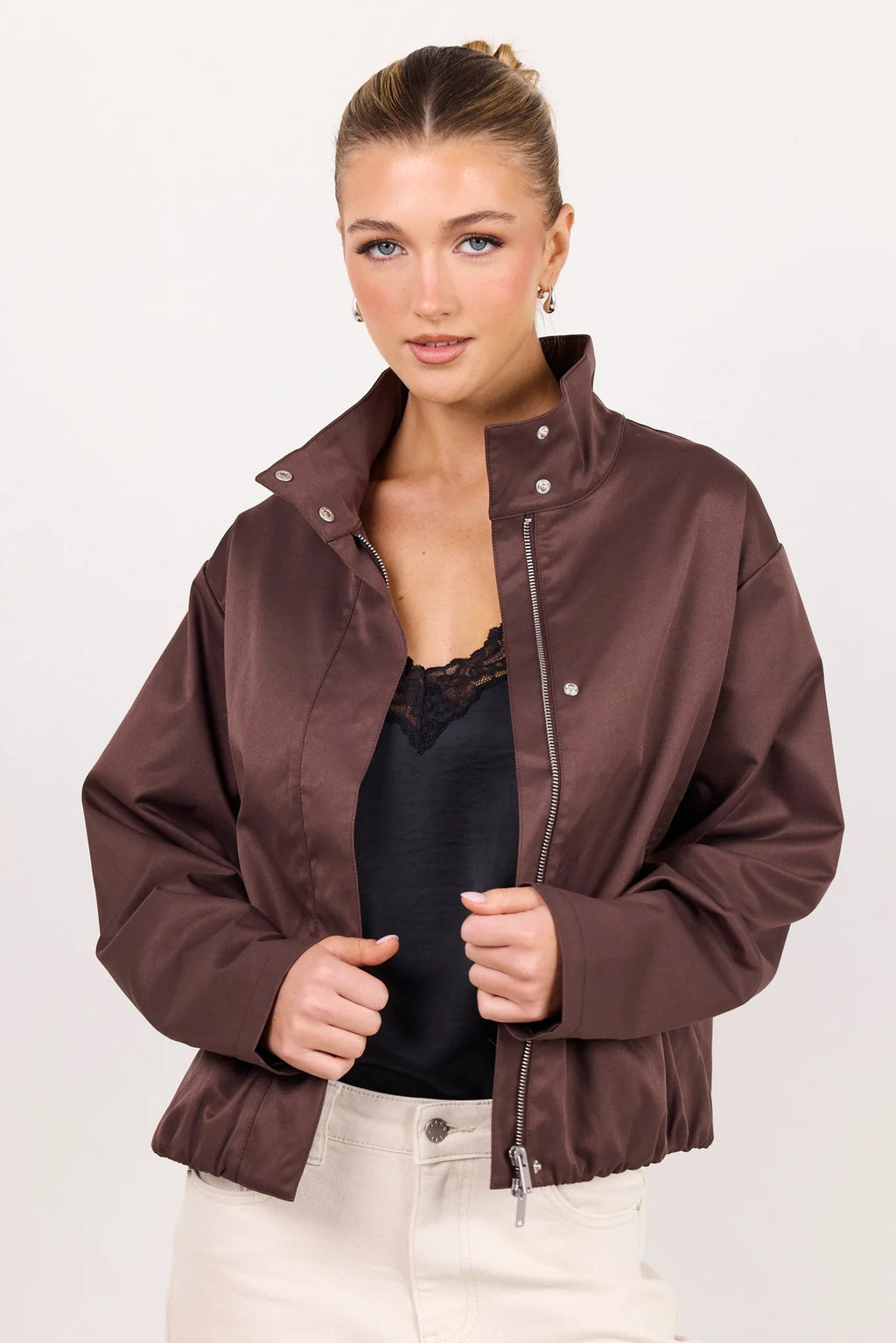 Landscape Chocolate Funnel Neck Jacket