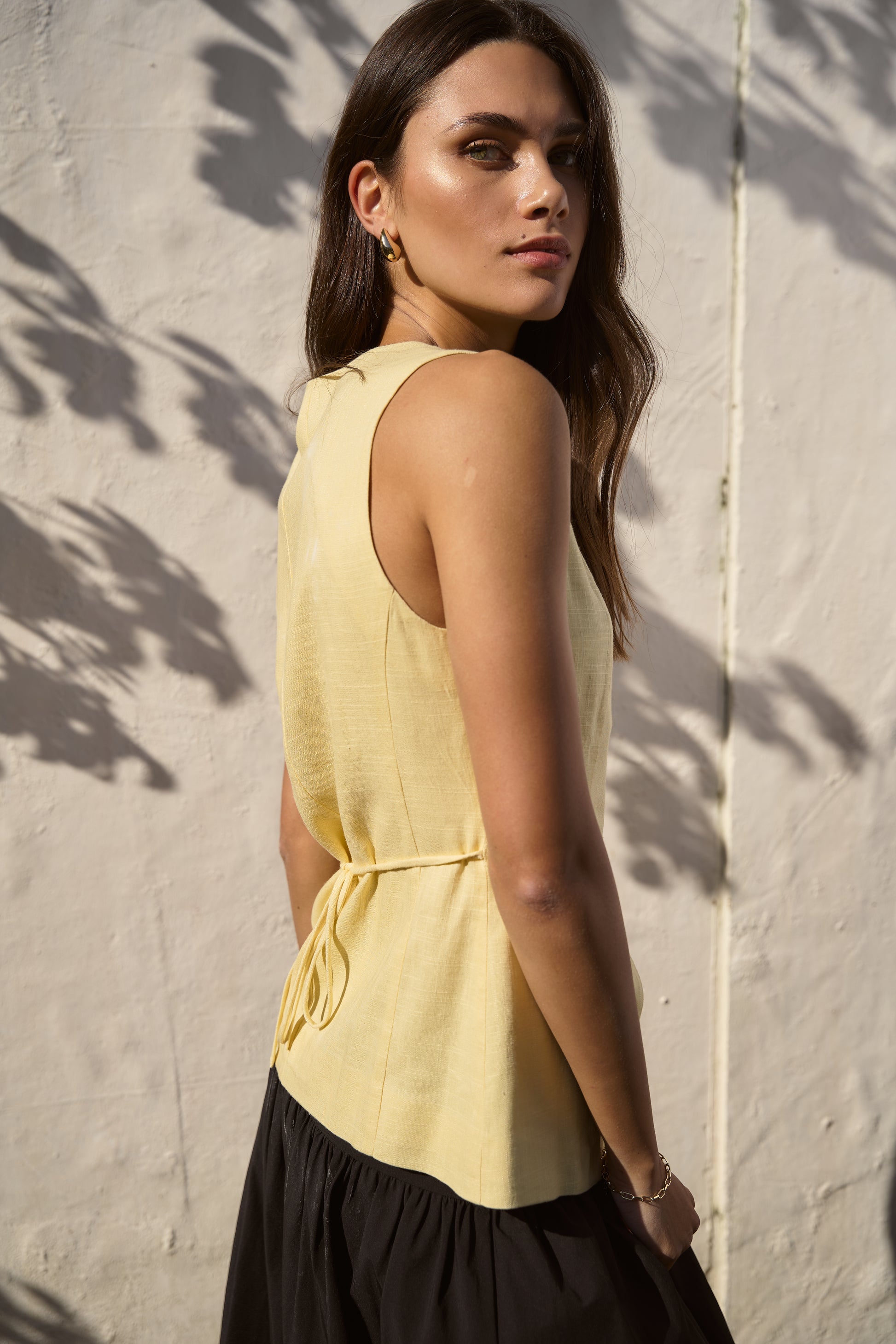 Latitude Lemon Linen Blend Fitted Longline Vest