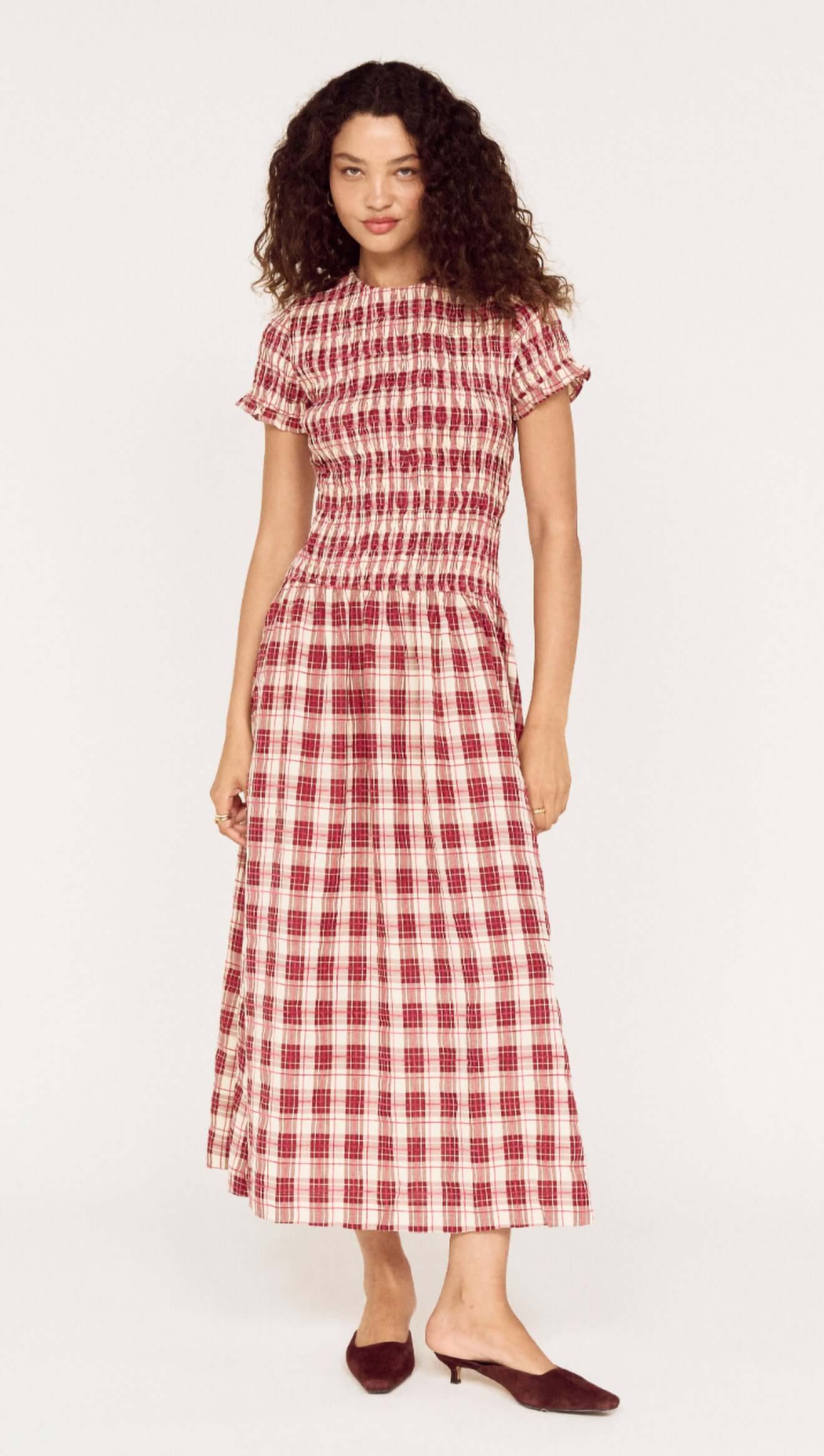 Anouk Shirred Midi Dress. Mink Pink