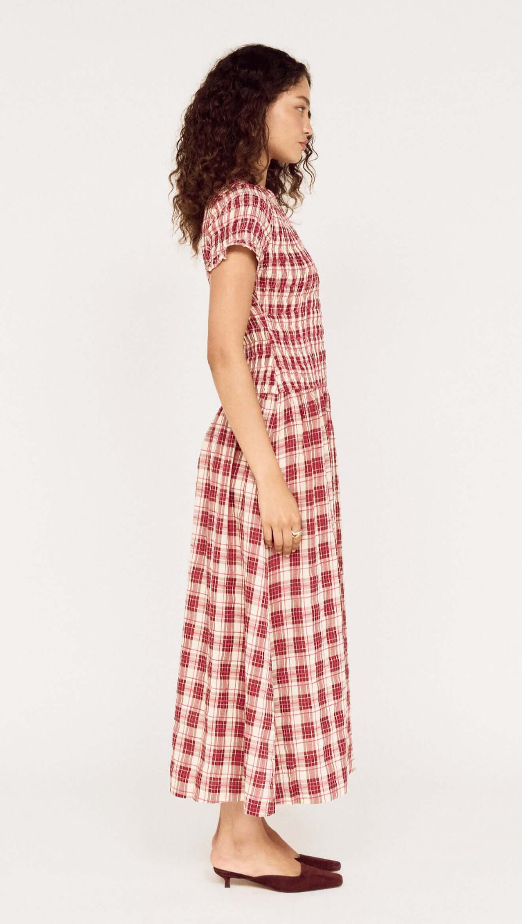 Anouk Shirred Midi Dress. Mink Pink