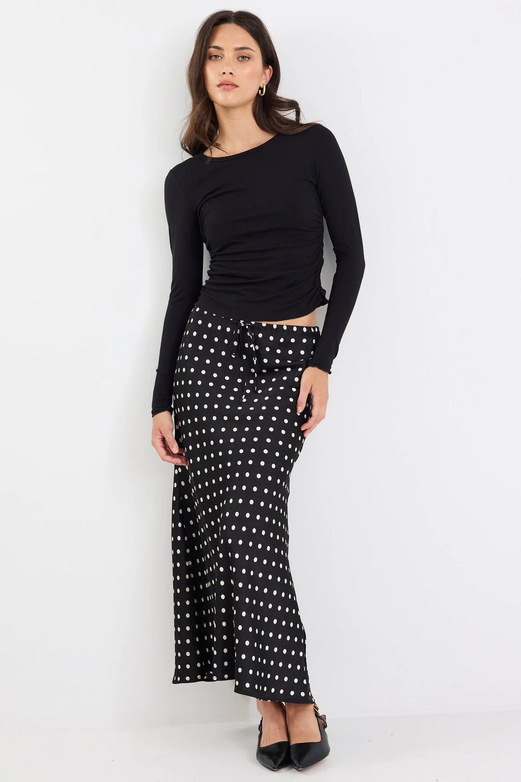 Rarity Black White Polka dot Bias Maxi Skirt