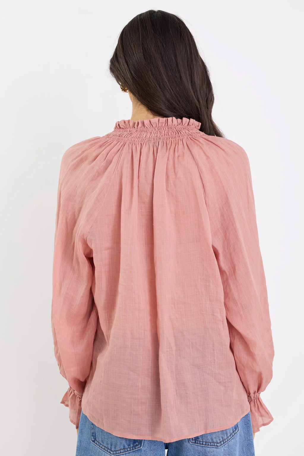 Odyssey Blush Shirred Neck Button Long Sleeve Top. Among The Brave