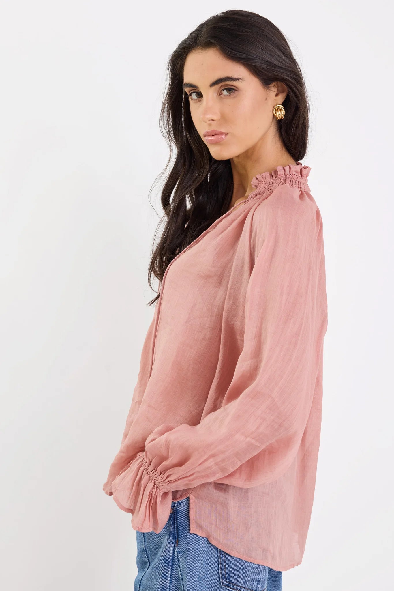 Odyssey Blush Shirred Neck Button Long Sleeve Top. Among The Brave
