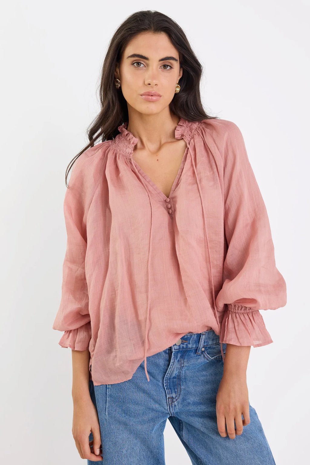 Odyssey Blush Shirred Neck Button Long Sleeve Top. Among The Brave
