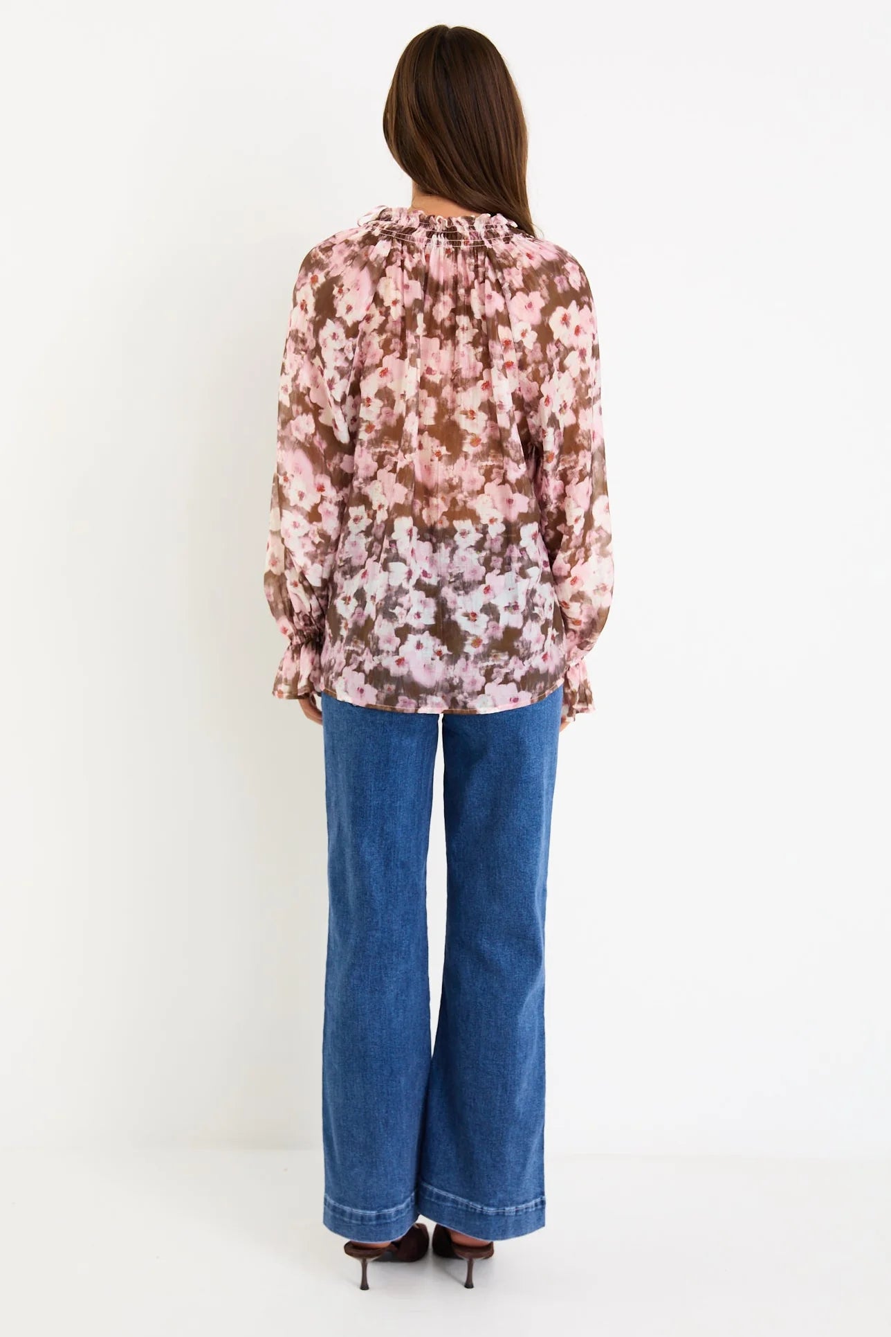 Odyssey Blush Chocolate Floral Shirred Neck Top