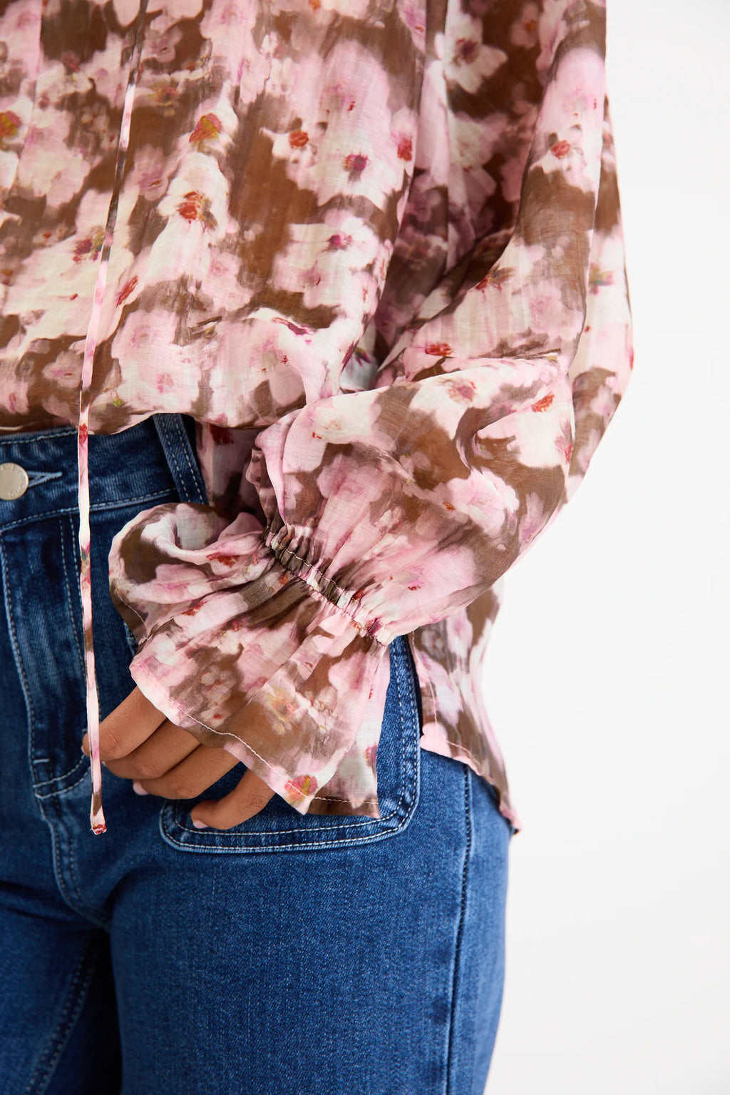 Odyssey Blush Chocolate Floral Shirred Neck Top