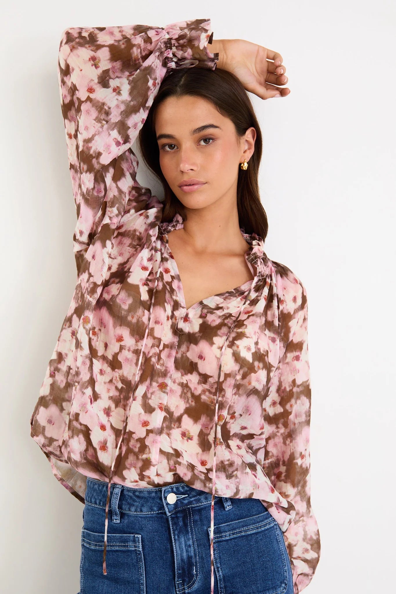 Odyssey Blush Chocolate Floral Shirred Neck Top