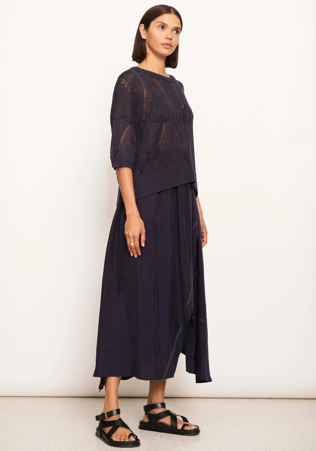 Pier Pointelle Knit Tee in Ink, Green or Pebble