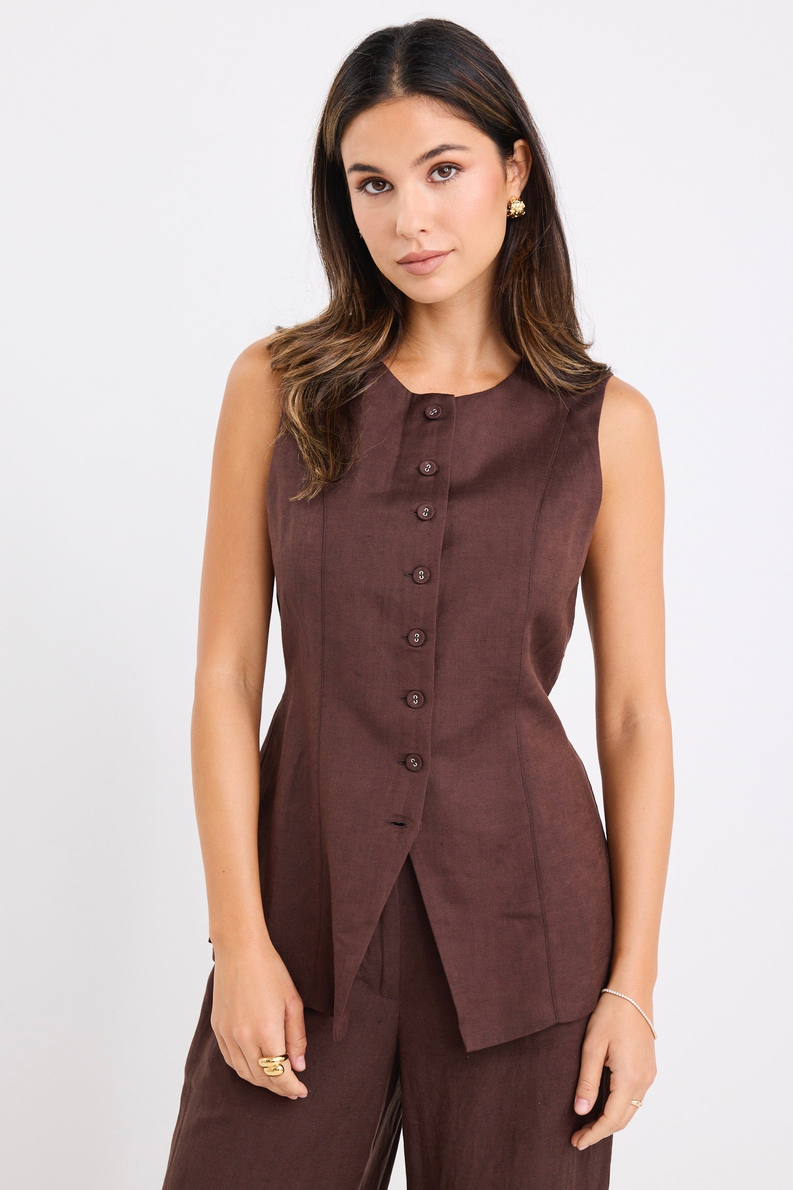Polarity Chocolate Linen Viscose Crew Neck Fitted Vest