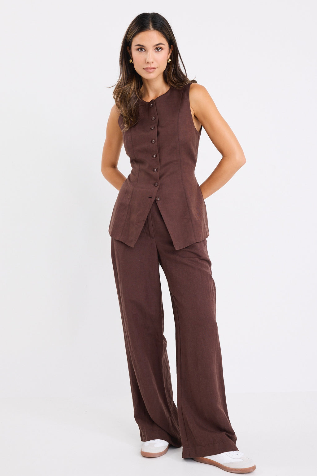 Polarity Chocolate Linen Viscose Crew Neck Fitted Vest