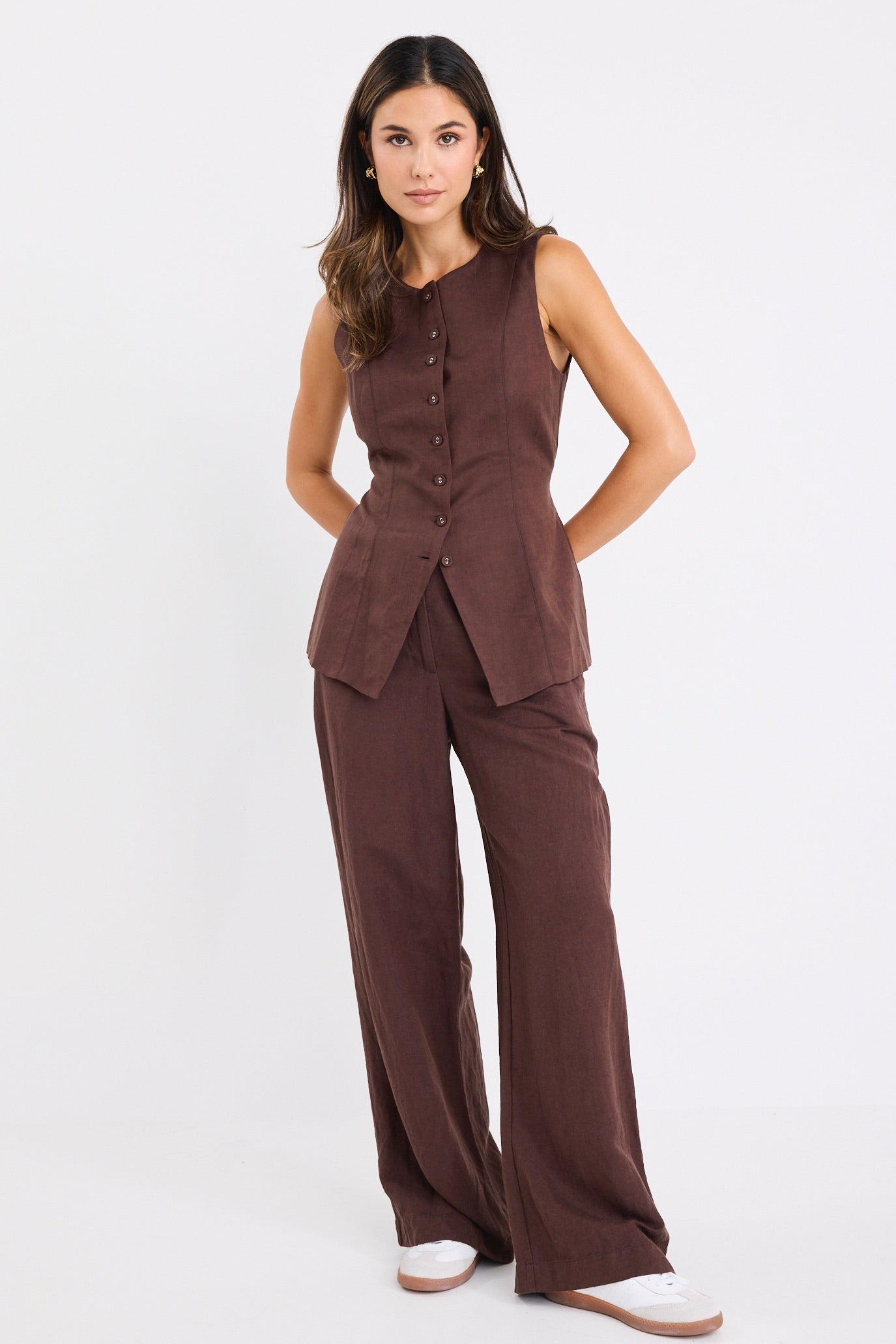 Polarity Chocolate Linen Viscose Crew Neck Fitted Vest