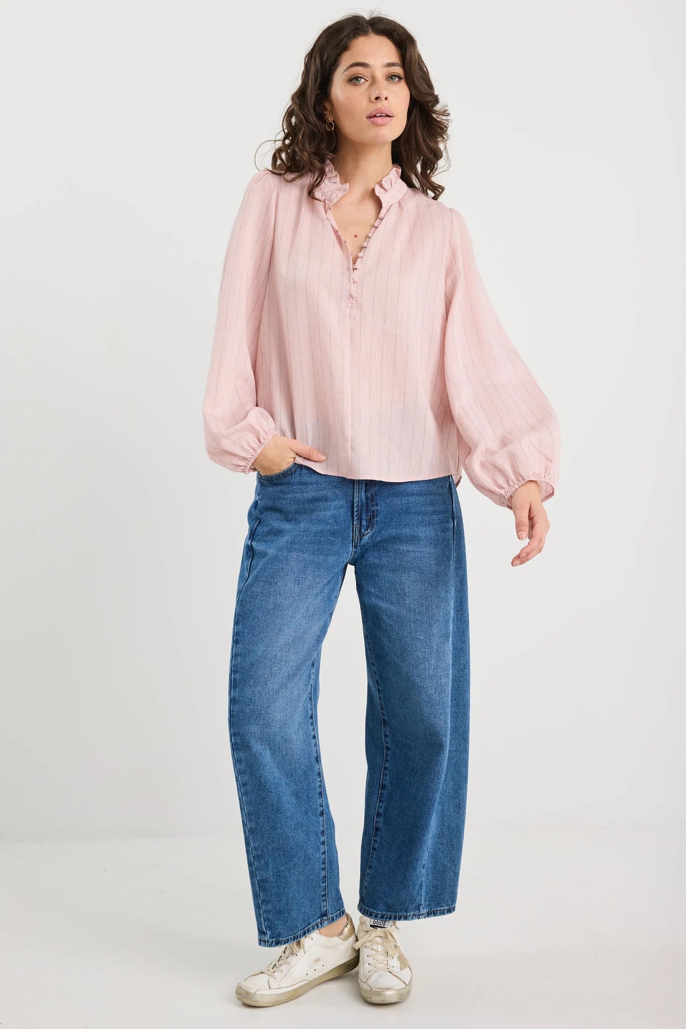 Premise Blush Stripe High Neck Buttoned Neck Top. Ivy + Jack