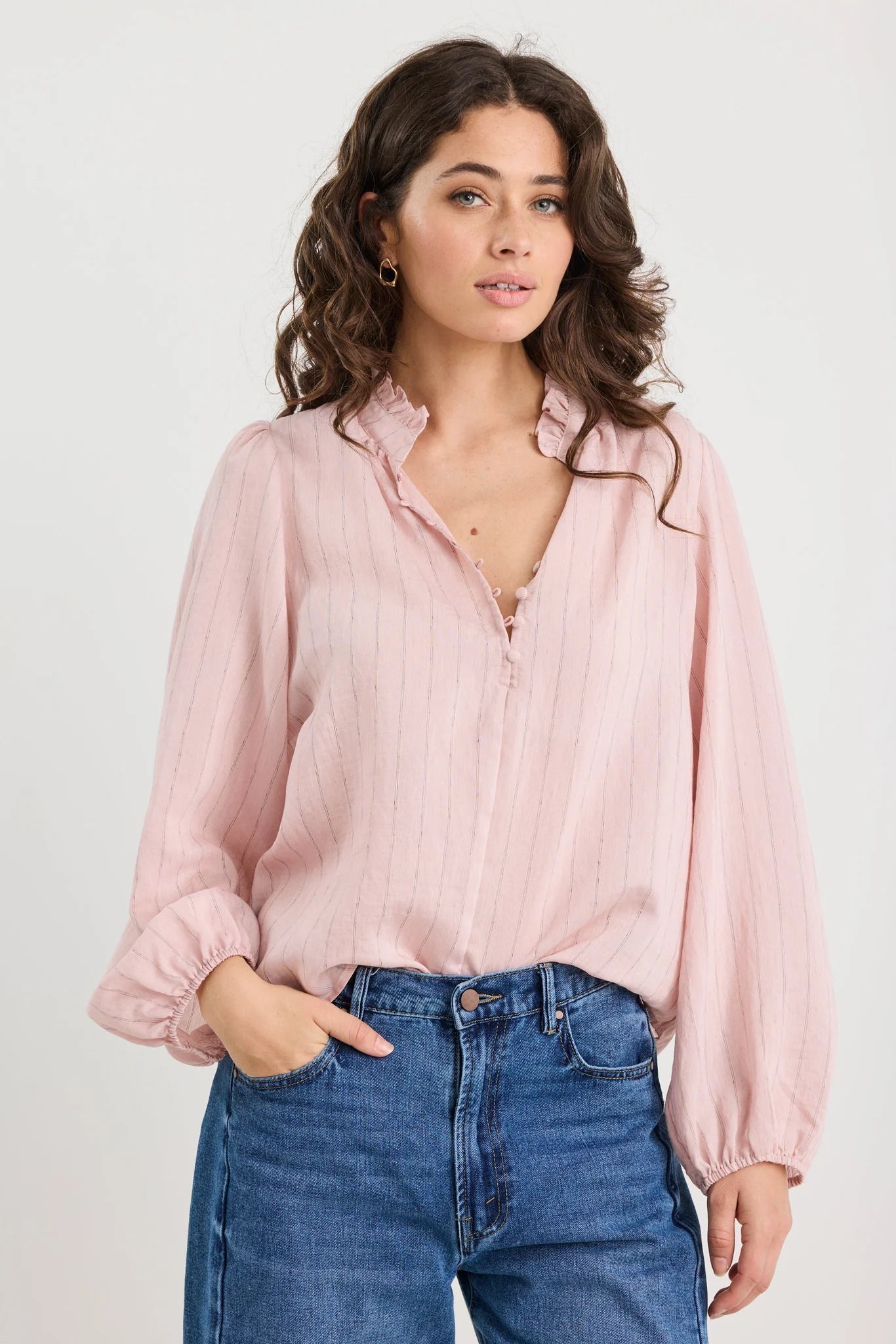 Premise Blush Stripe High Neck Buttoned Neck Top. Ivy + Jack