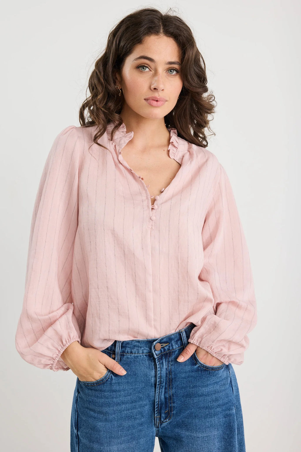 Premise Blush Stripe High Neck Buttoned Neck Top. Ivy + Jack