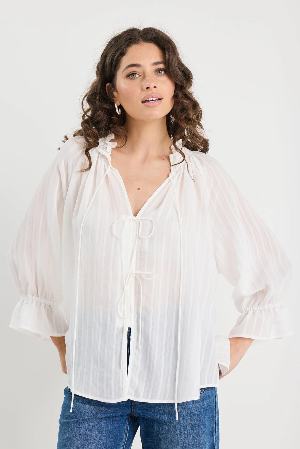 Prospect Ivory Stripe Tie Front Mid Sleeve Top