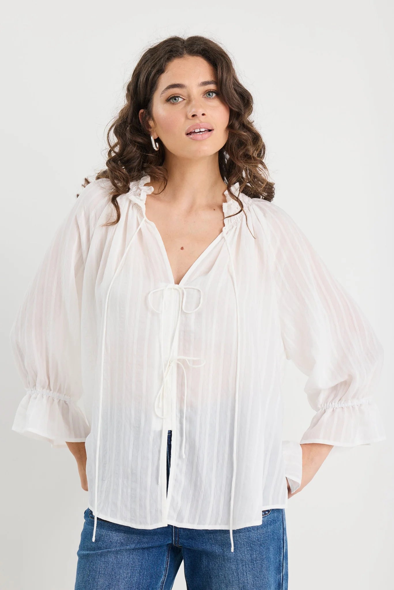 Prospect Ivory Stripe Tie Front Mid Sleeve Top