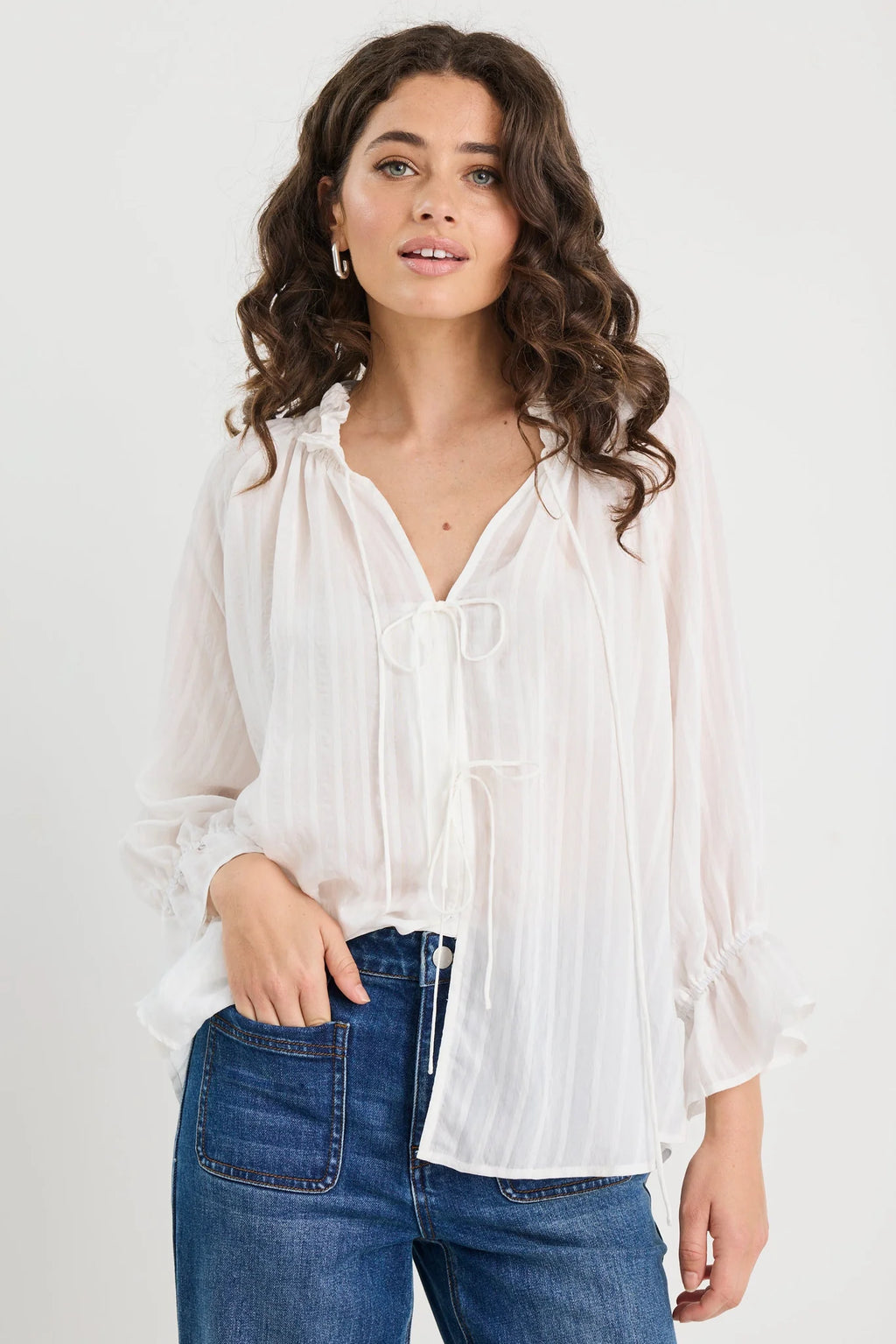 Prospect Ivory Stripe Tie Front Mid Sleeve Top