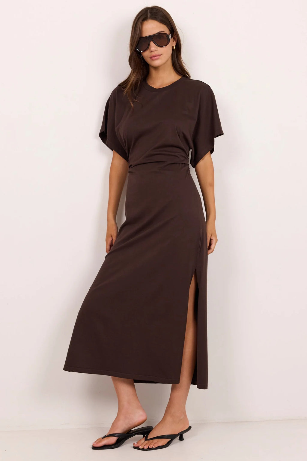 Pulse Chocolate Cotton Gathered Waist Detail Short Sleeve Dress