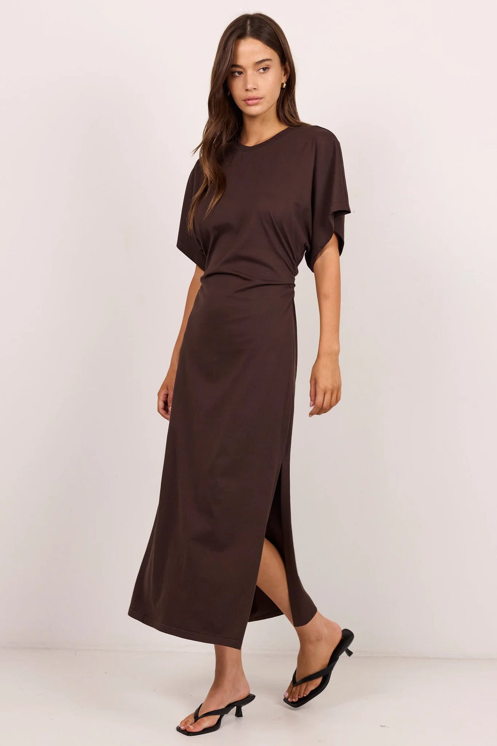 Pulse Chocolate Cotton Gathered Waist Detail Short Sleeve Dress