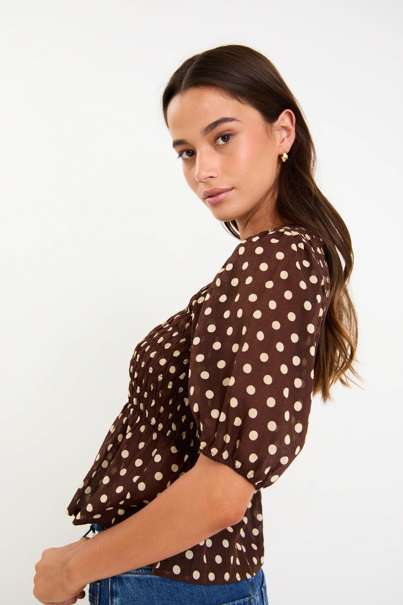 Requite Chocolate Polka Dot Shirred Body Top. Among The Brave