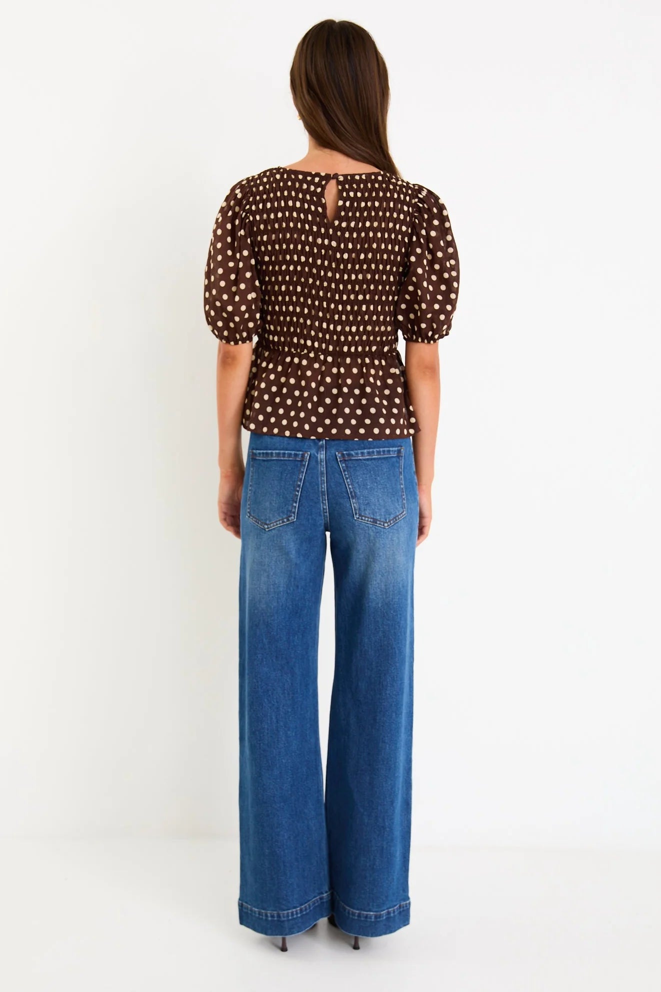 Requite Chocolate Polka Dot Shirred Body Top. Among The Brave