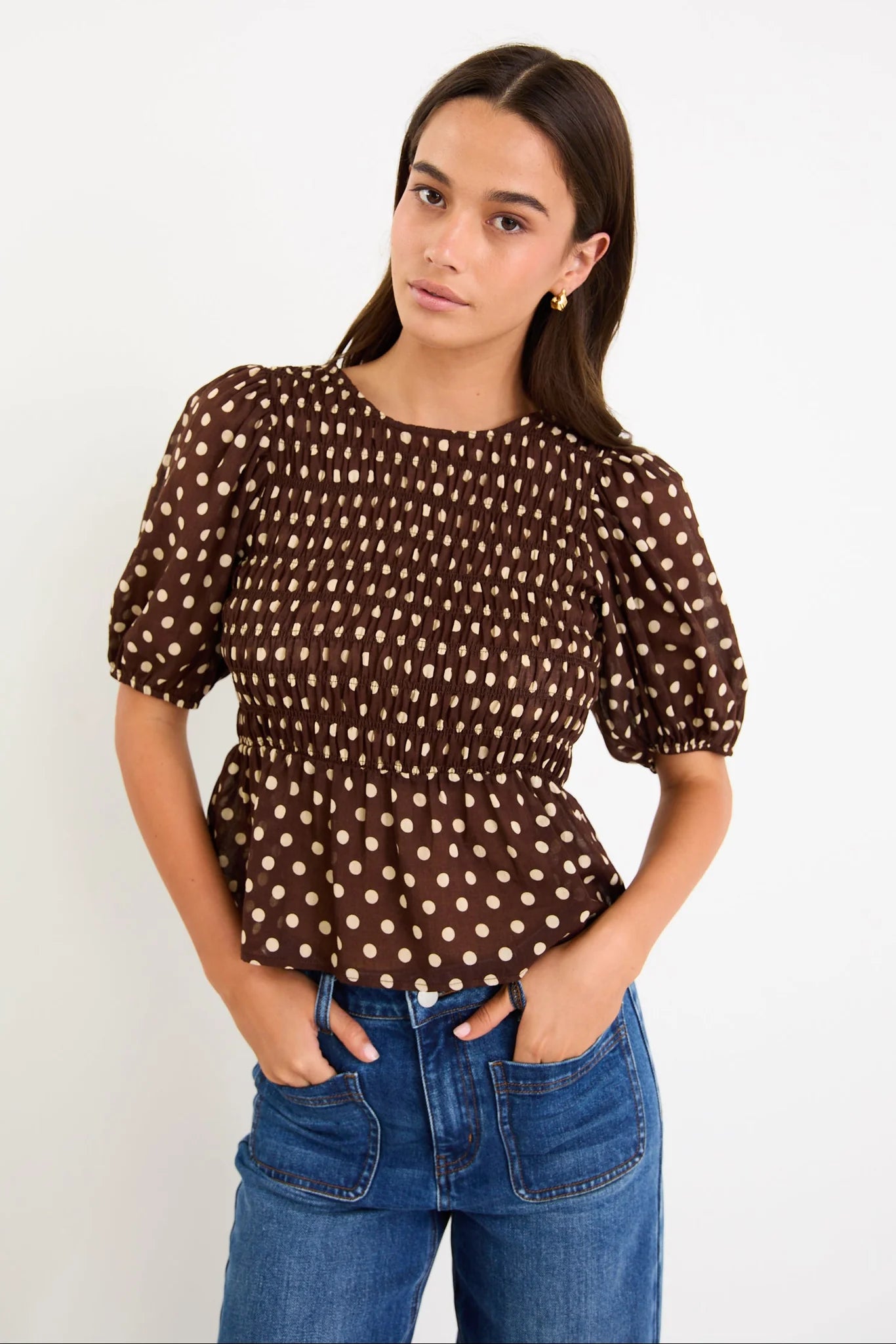 Requite Chocolate Polka Dot Shirred Body Top. Among The Brave