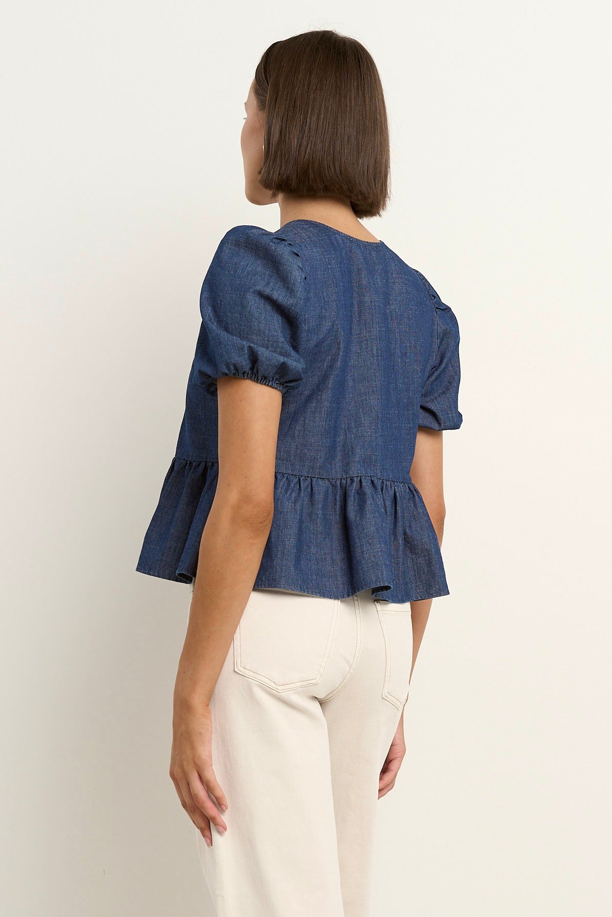 Restore Storm Blue Chambray Tie Front Peplum SS Top