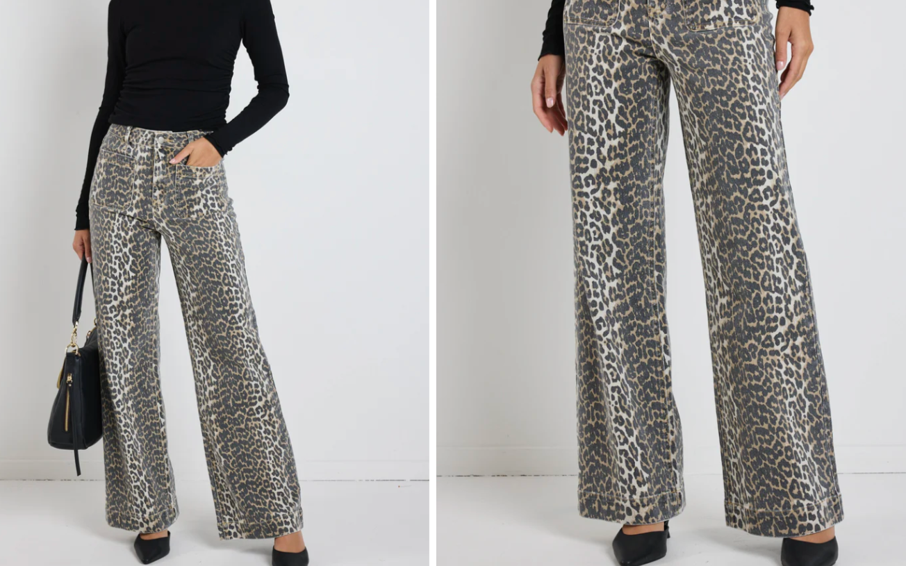 Zoey Leopard High Rise Wide Leg Pocket Jean