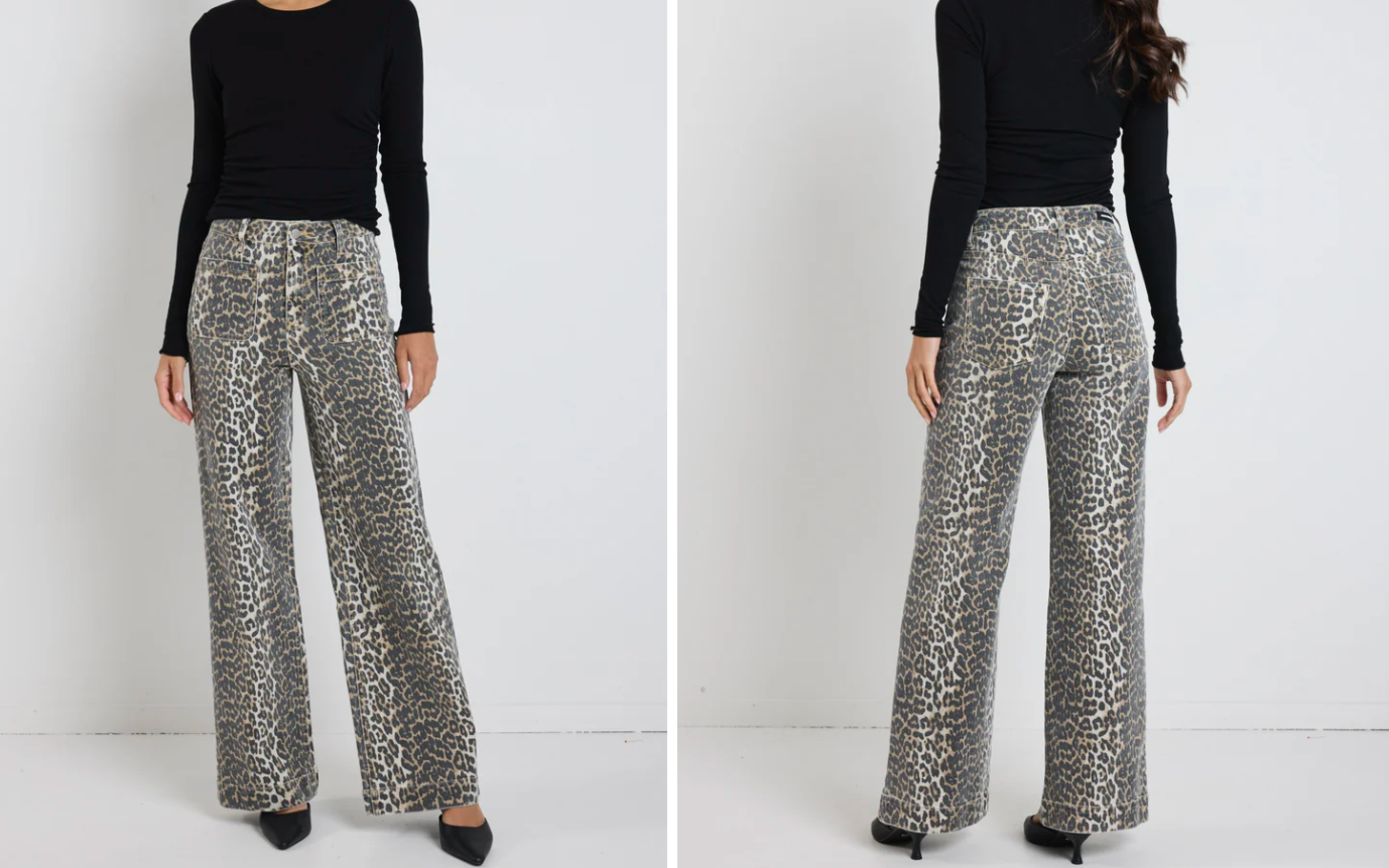 Zoey Leopard High Rise Wide Leg Pocket Jean