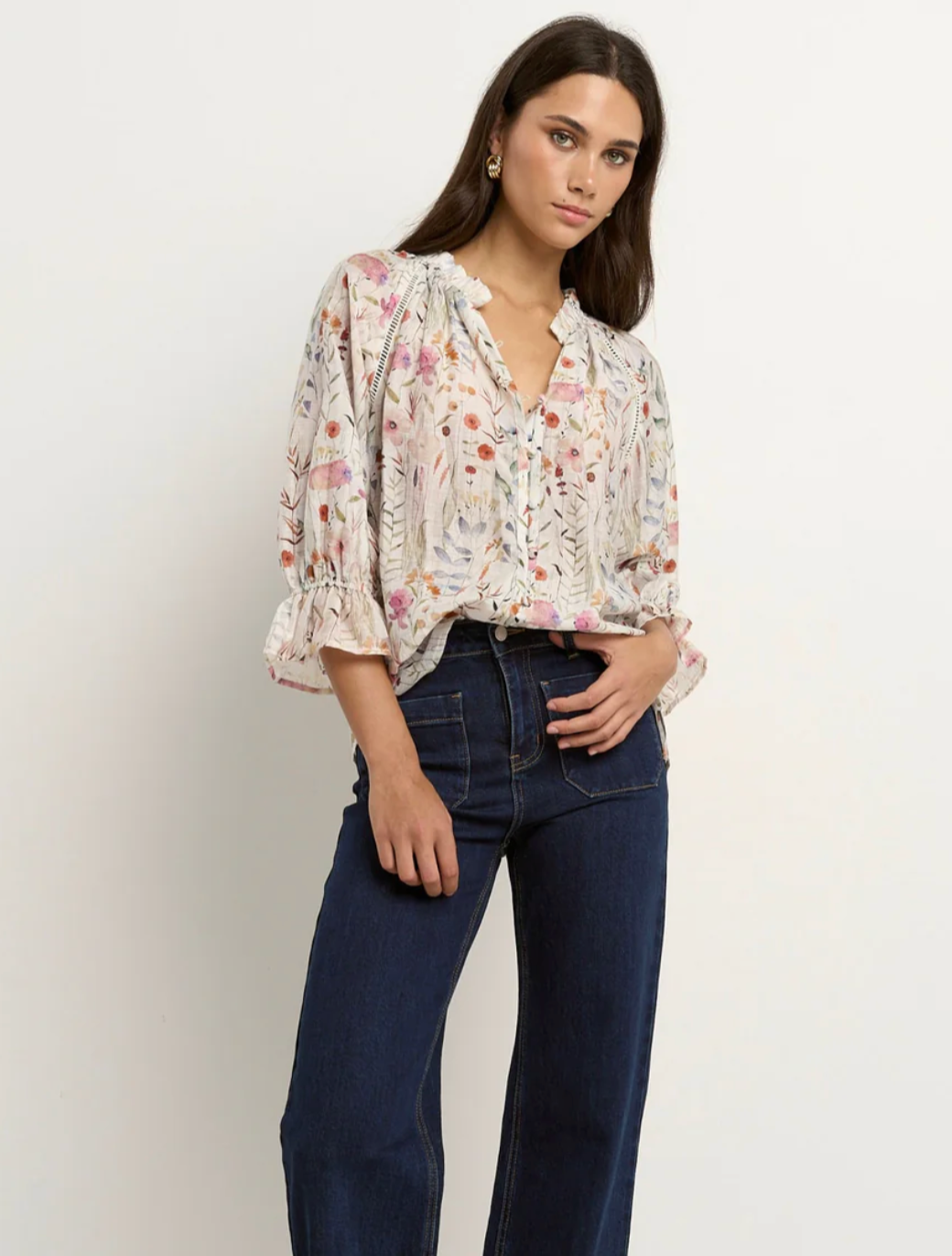 Encounter Cream Floral Gathered Button Front Top