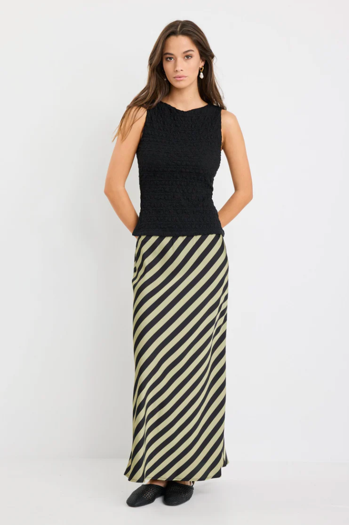 Stunning Khaki Black Stripe Satin Bias Midi Skirt