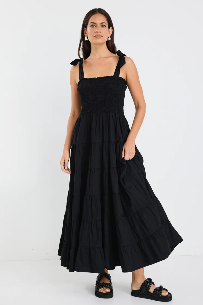 Isabella Black Cotton Poplin Strappy Tiered Maxi Dress
