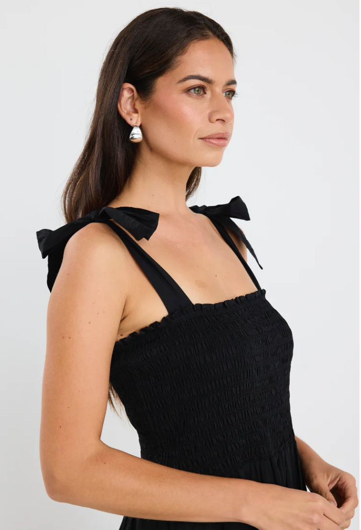 Isabella Black Cotton Poplin Strappy Tiered Maxi Dress