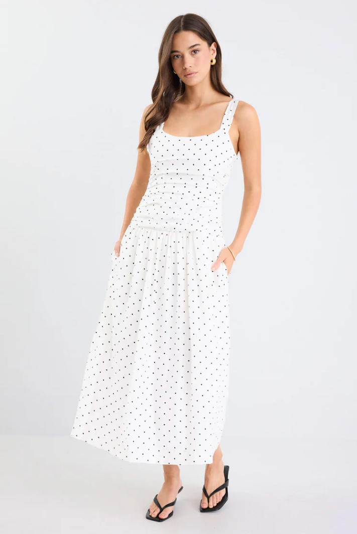 Tide Cream Polka Dot Pleated Bodice Strappy Midi Dress