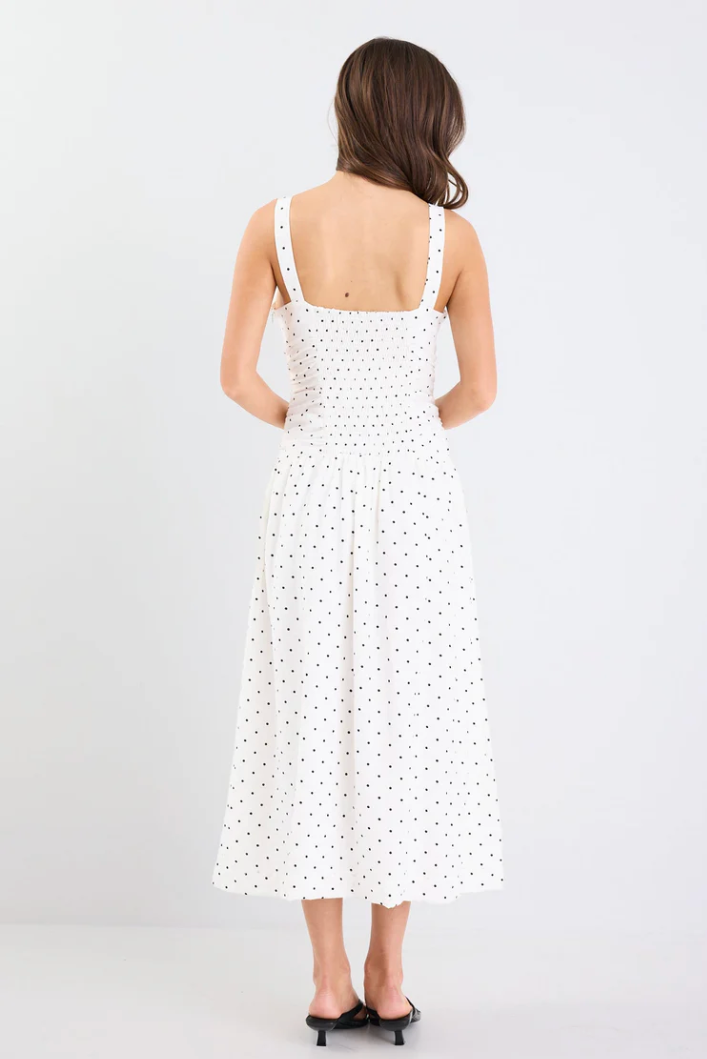 Tide Cream Polka Dot Pleated Bodice Strappy Midi Dress