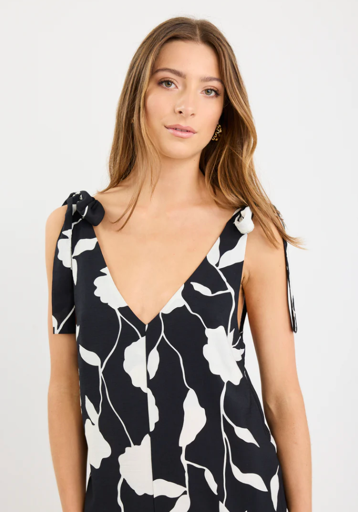 Spontaneous Black And White Floral Tie Shoulder Relaxed Midi Dress