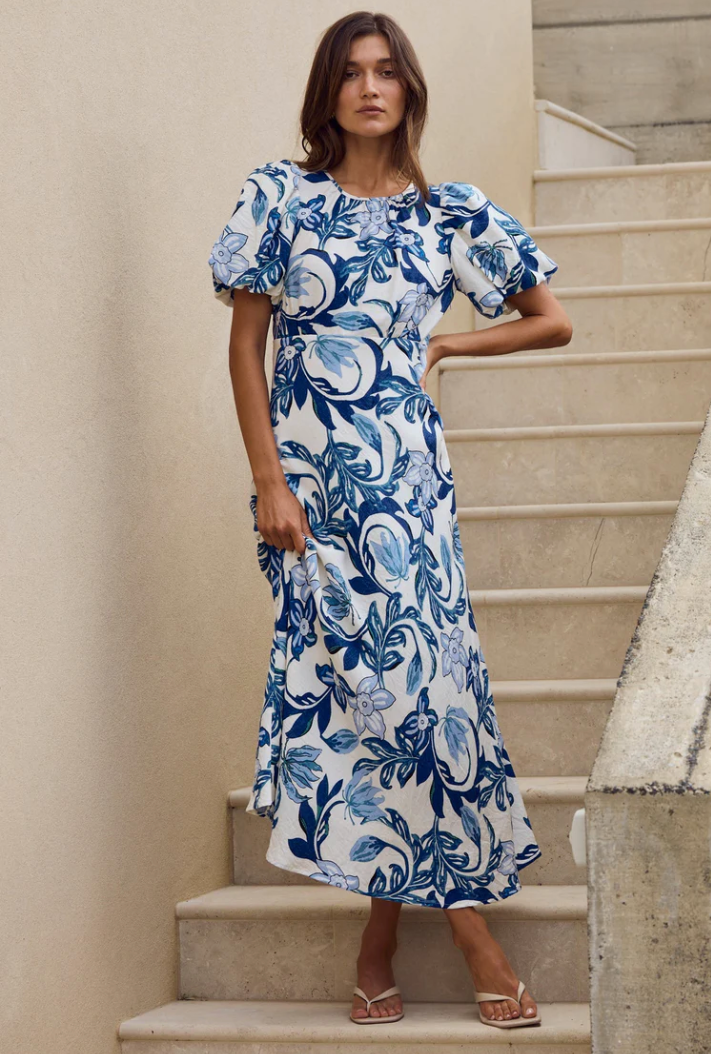 Stage Blue Floral Puff Sleeve Floaty Maxi Dress