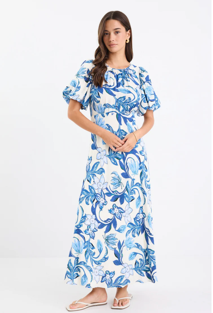 Stage Blue Floral Puff Sleeve Floaty Maxi Dress