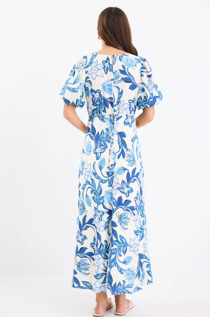 Stage Blue Floral Puff Sleeve Floaty Maxi Dress