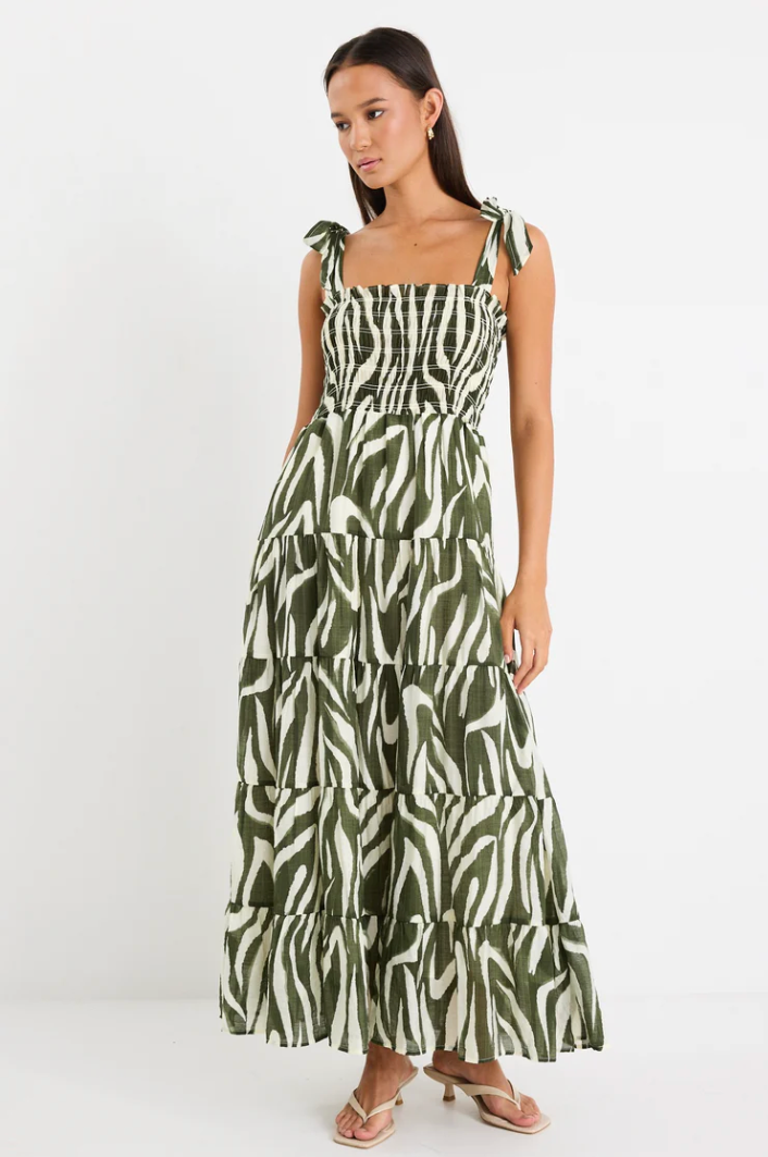 Isabella Khaki Zebra Strappy Tiered Maxi Dress