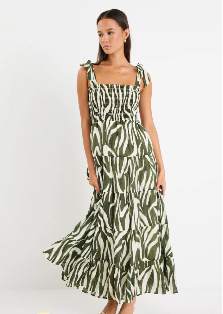 Isabella Khaki Zebra Strappy Tiered Maxi Dress