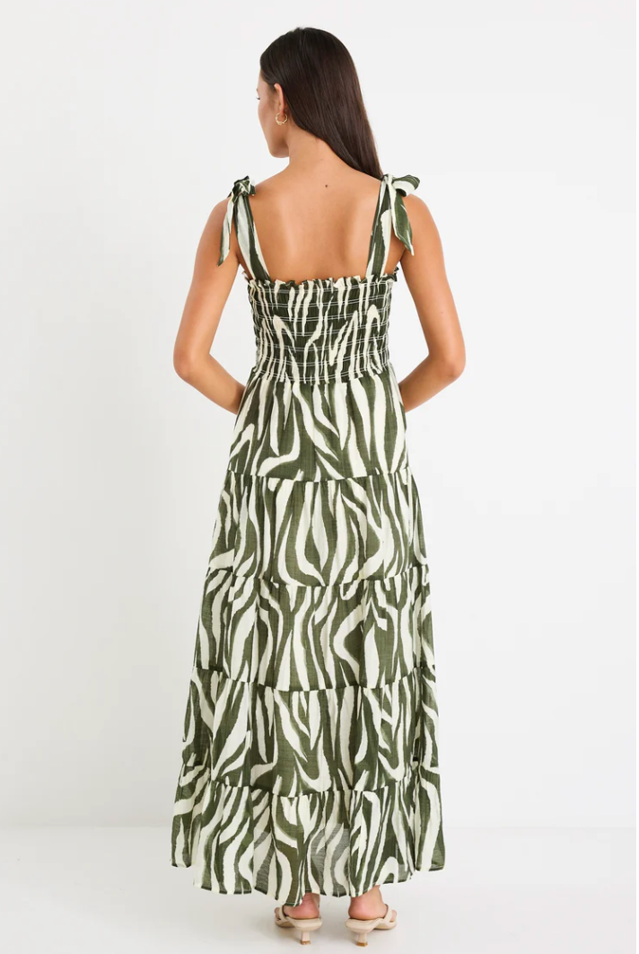 Isabella Khaki Zebra Strappy Tiered Maxi Dress