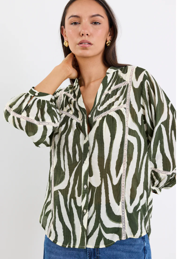 Ornamental Khaki Zebra Lace Insert Pintuck SS Shirt