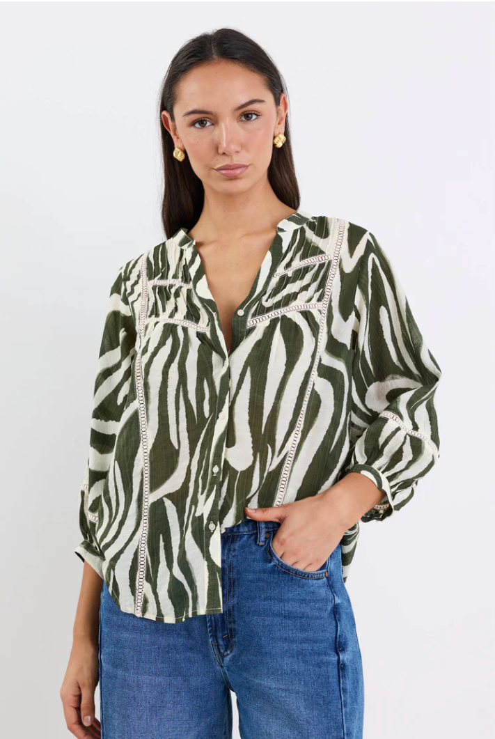 Ornamental Khaki Zebra Lace Insert Pintuck SS Shirt