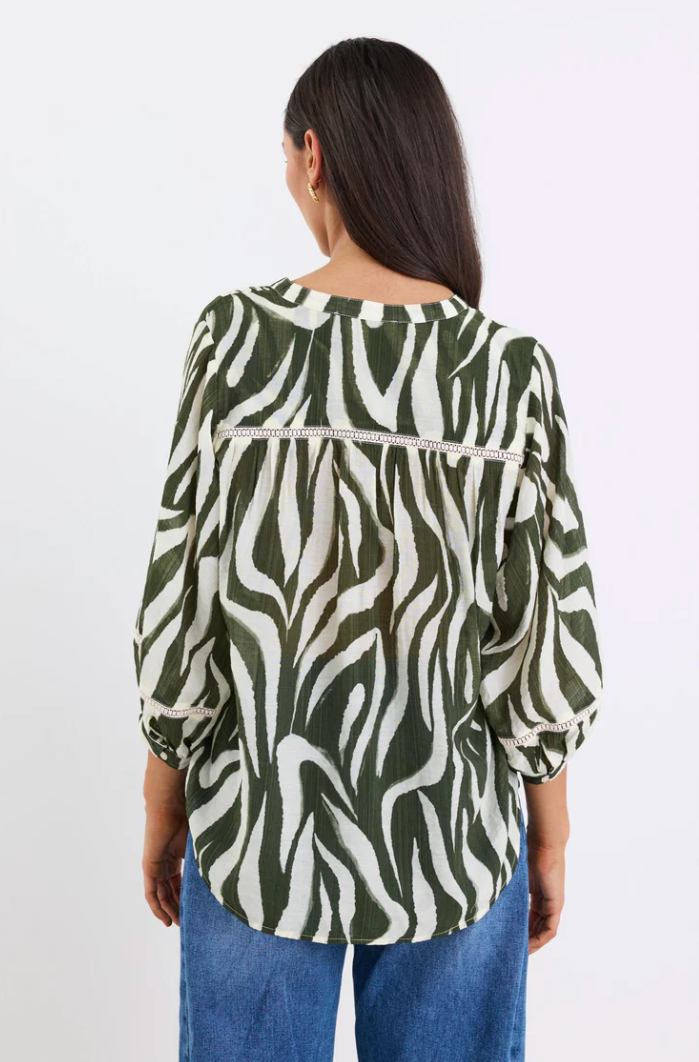 Ornamental Khaki Zebra Lace Insert Pintuck SS Shirt